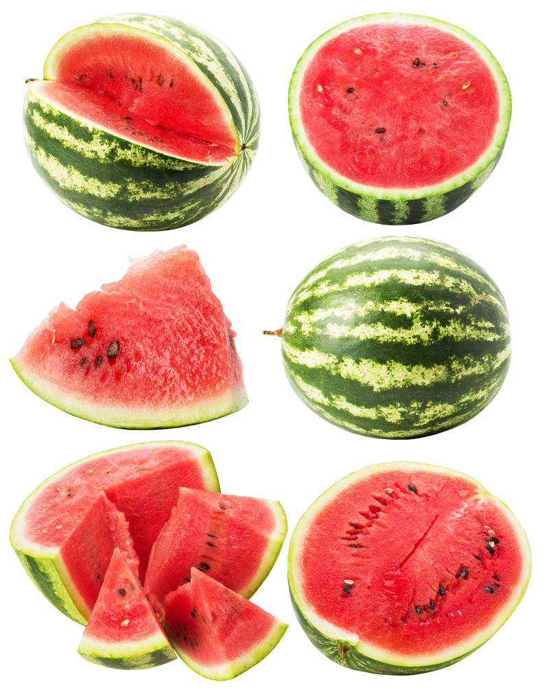 白色背景下的不同形态的西瓜