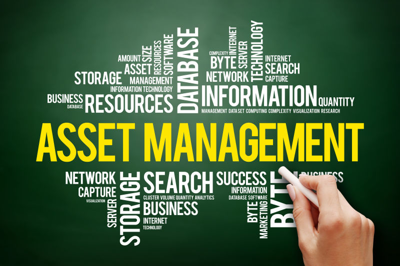 绿色黑板上的资产管理单词云拼贴创意