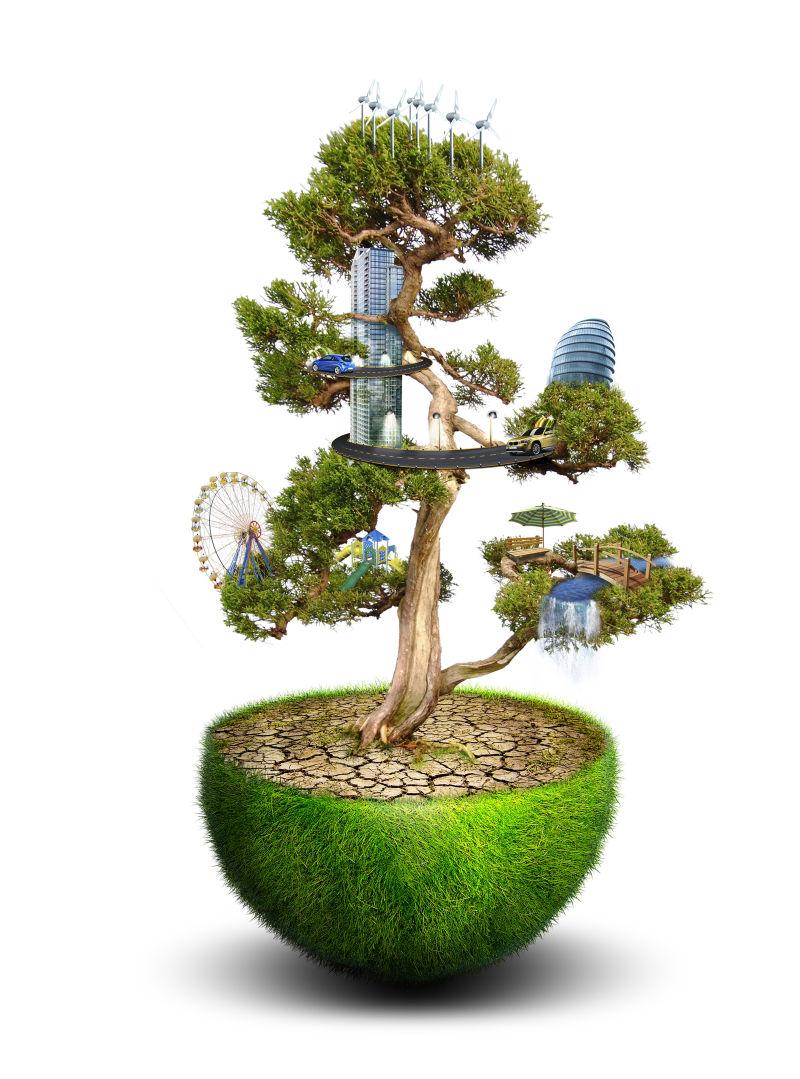 白色背景下在绿色的盆栽上建筑房屋的绿色生态保护理念