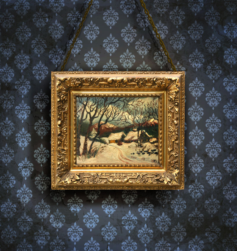 蓝色背景下的金色相框