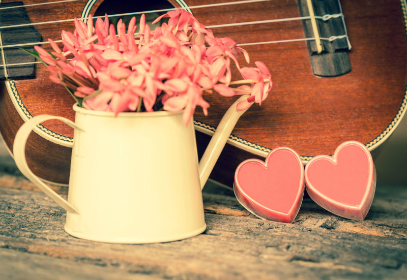 情人节花朵和爱心吉他