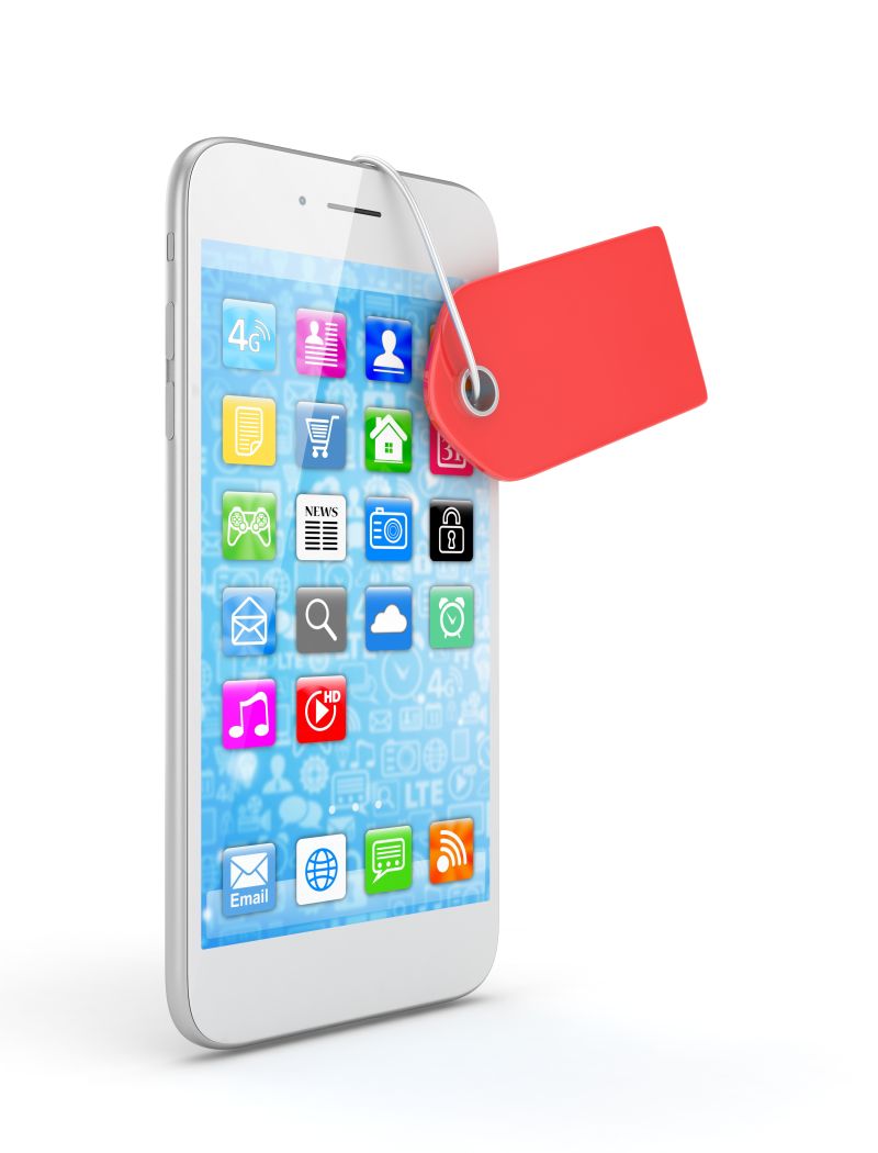 3D白色开机状态的智能手机与标签