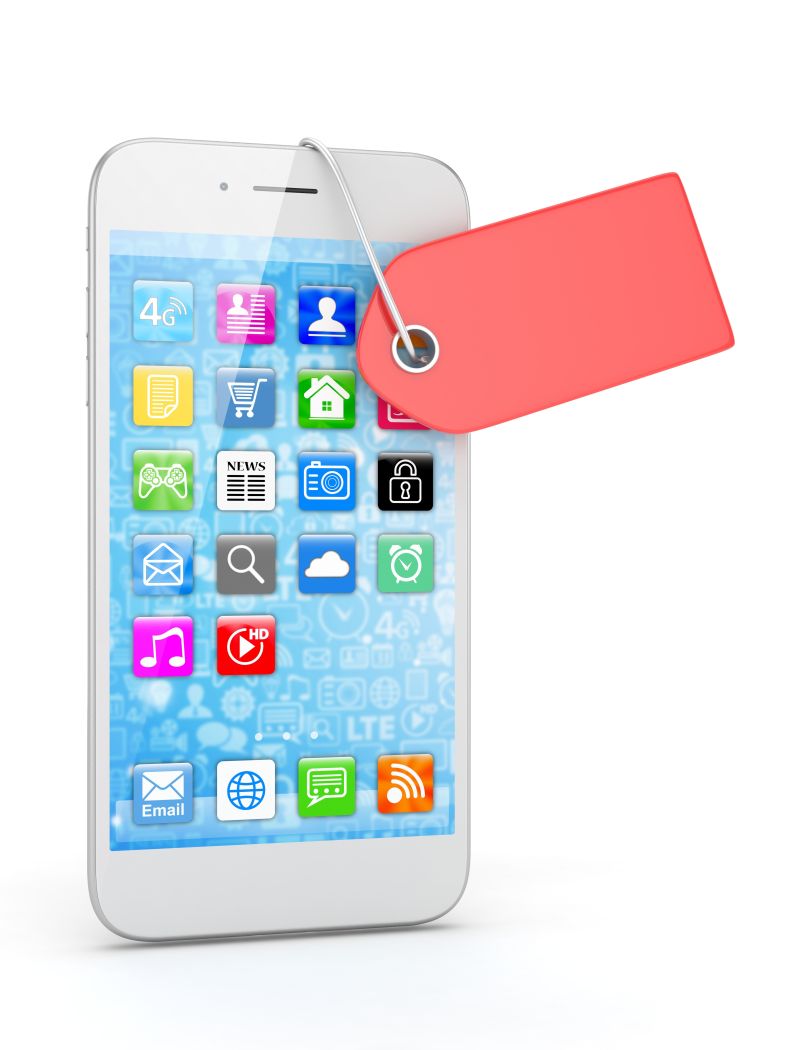 3D开机状态的白色手机与标签