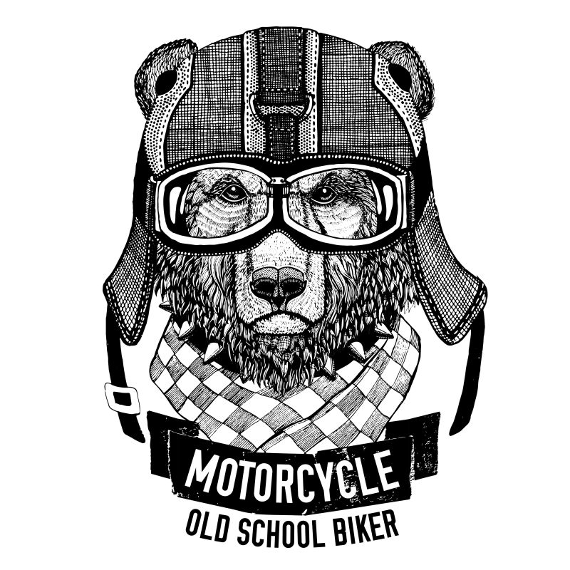 摩托车戴头盔熊T恤手绘图像