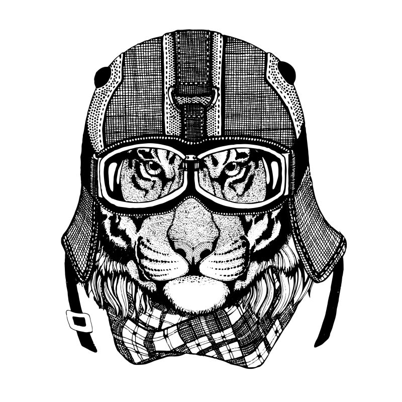 摩托车戴头盔老虎T恤手绘图像