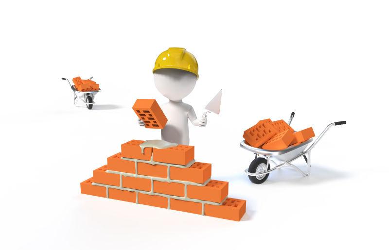 戴着头盔砌墙的3d建筑工人