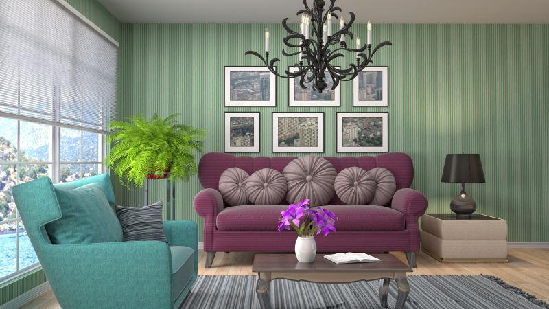 室内客厅里多彩的沙发和背景墙