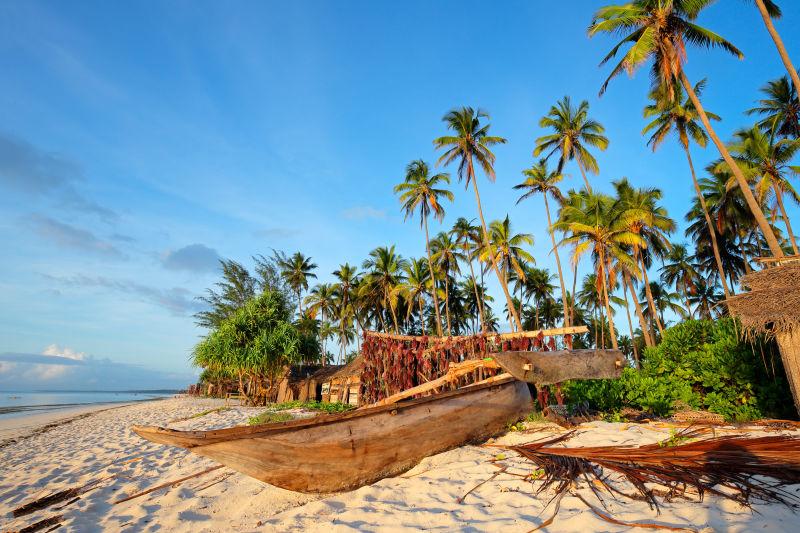 桑给巴尔岛热带海滩木制帆船