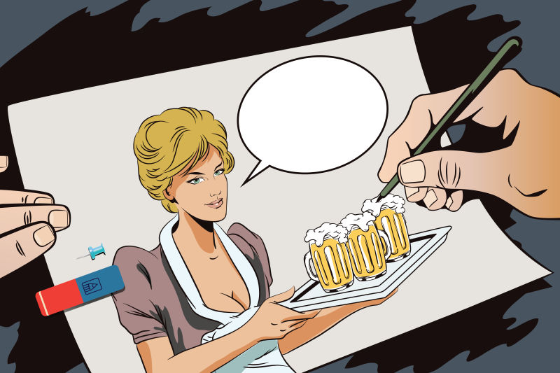 矢量美式漫画风格的带啤酒的女服务员