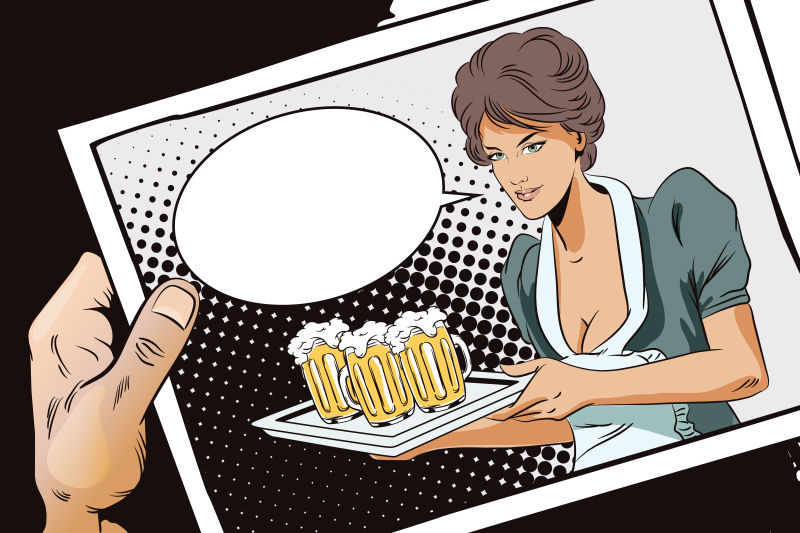 矢量带啤酒的女服务员漫画插图