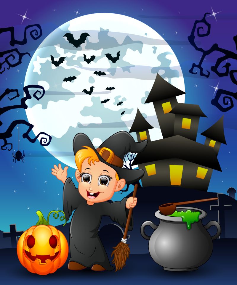 万圣节小巫师矢量插图