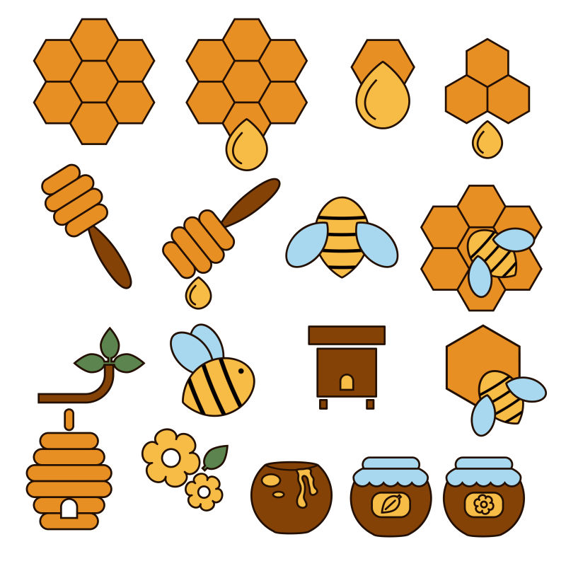 抽象矢量蜂蜜和蜜蜂平面插图