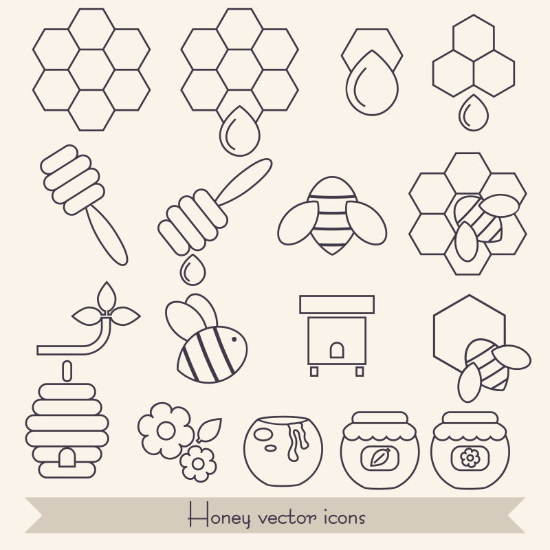 矢量蜂蜜和蜜蜂的线性插图