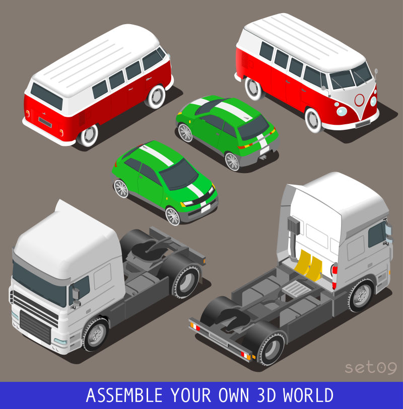 创意等距风格的矢量交通运输工具