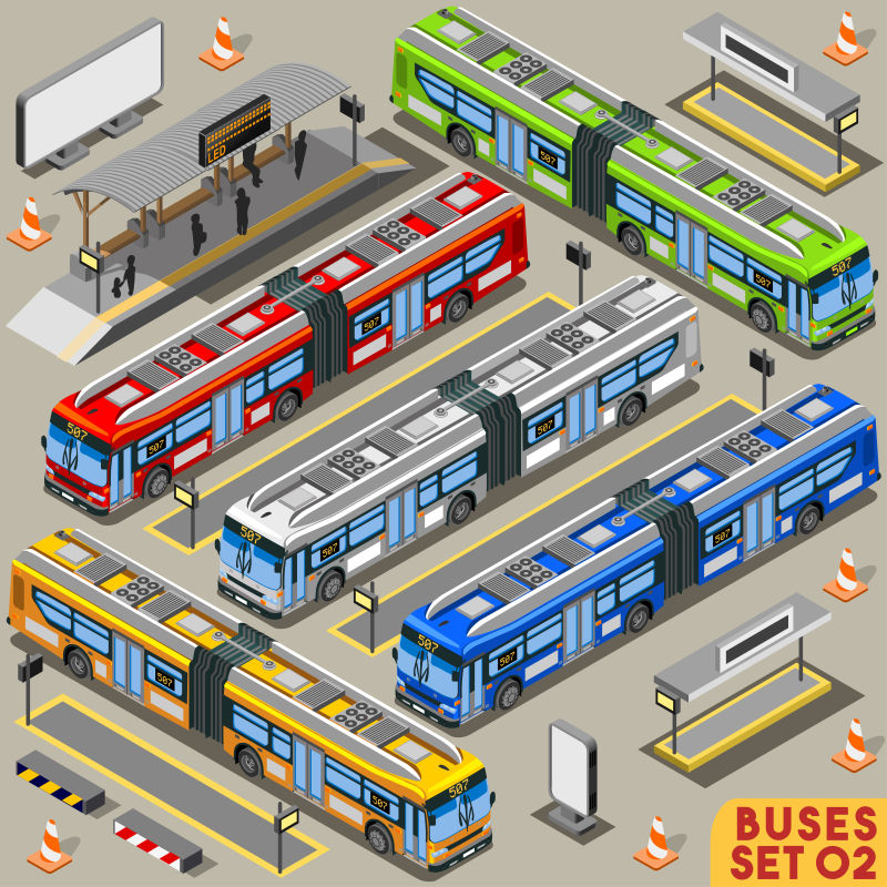 创意等距风格的矢量公交汽车插图
