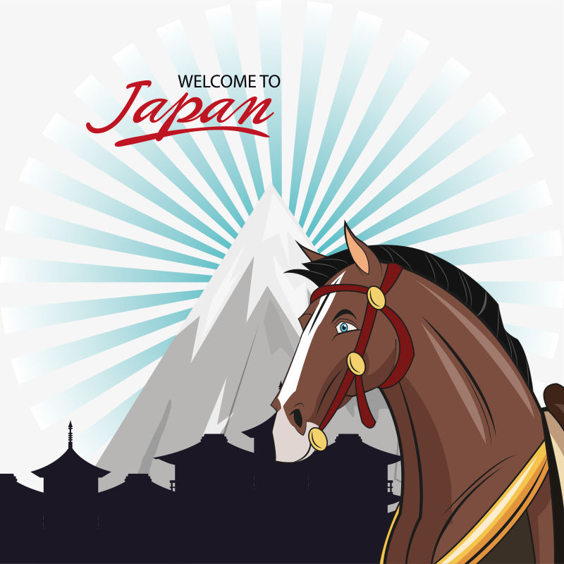 富士山下的马驹矢量插图