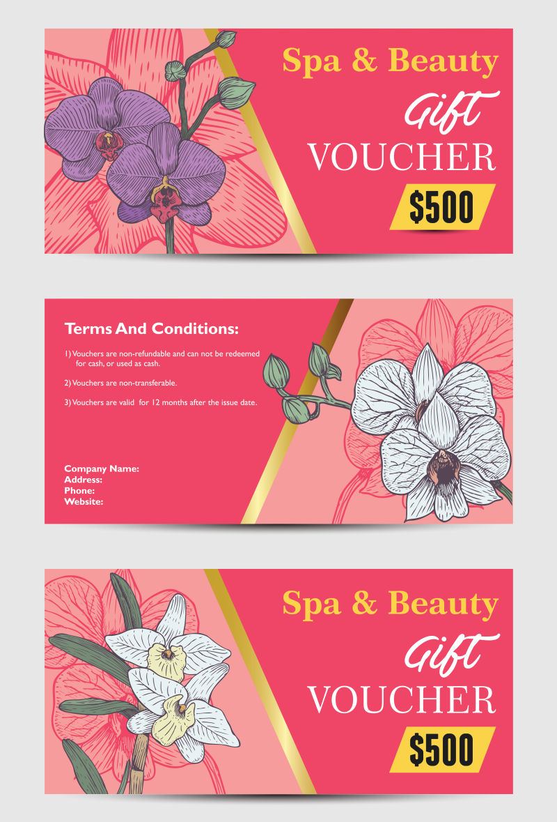 抽象矢量手绘兰花元素的礼品券折扣设计