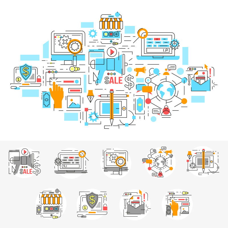 数字营销线性矢量插图设计