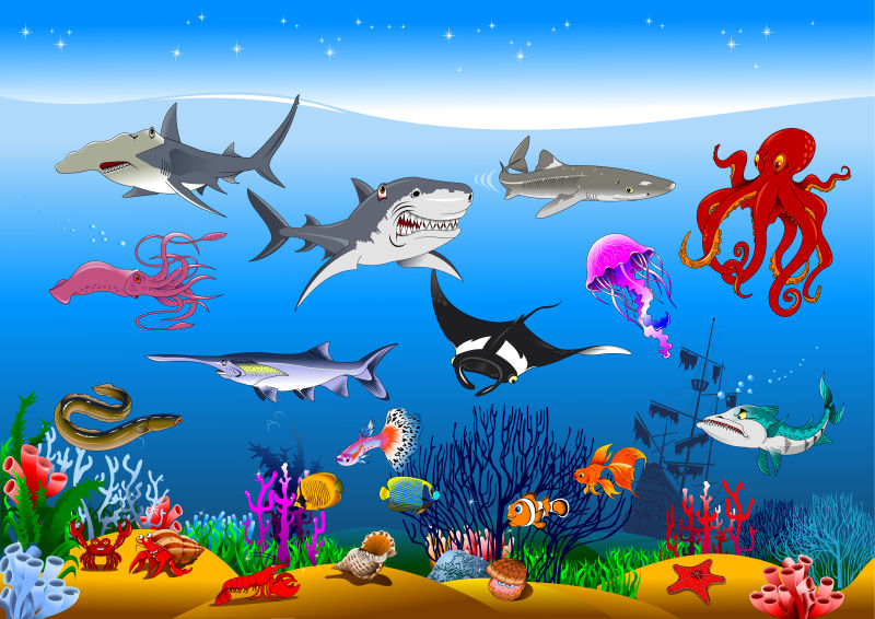 矢量抽象海底的鱼插图