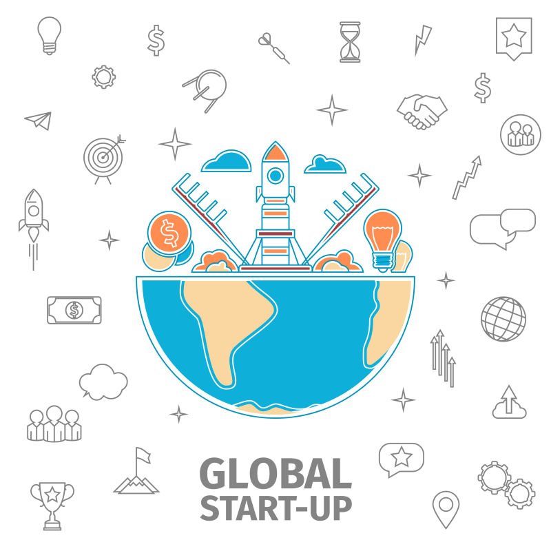 矢量细线风格的全球启动概念的插图