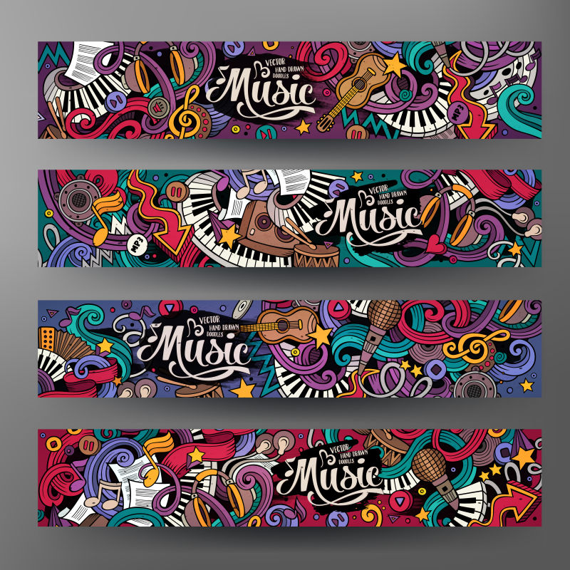 卡通手绘音乐涂鸦横幅矢量设计
