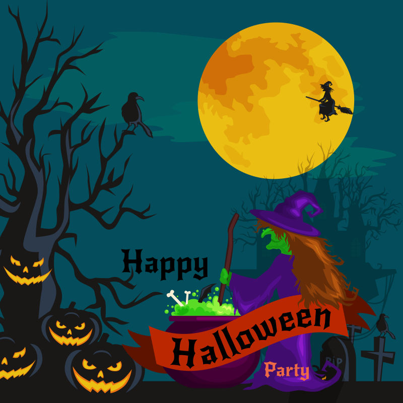 创意矢量邪恶女巫元素的万圣节插图海报