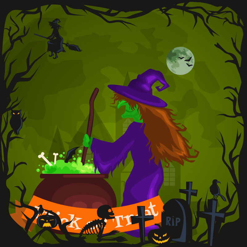 创意女巫元素的矢量万圣节海报设计