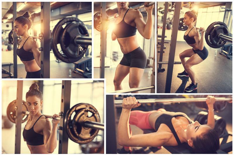 健身房里使用杠铃健身运动的美女