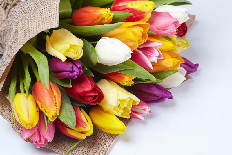 白色桌面上的一束美丽郁金香