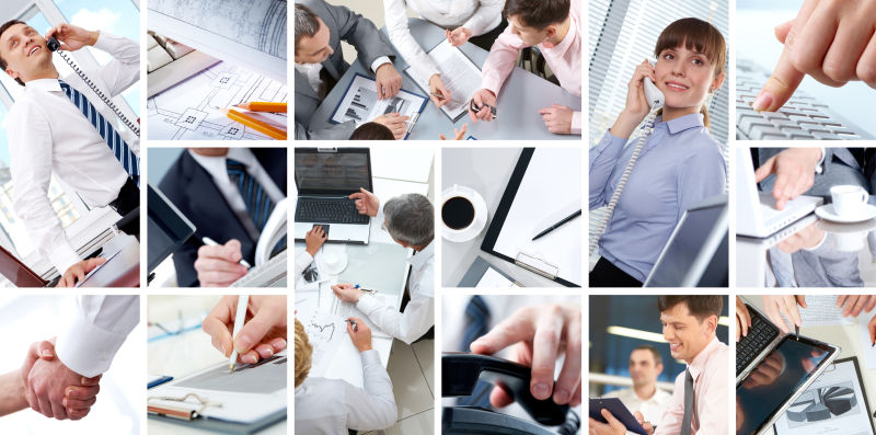 工作时的商务人士的拼贴背景