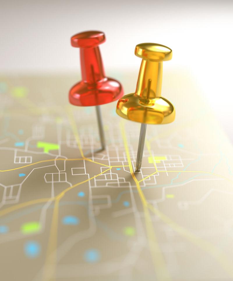 PIN卡在虚构城市的街道地图上