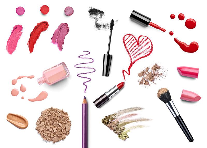 白色背景下各种化妆品的收藏