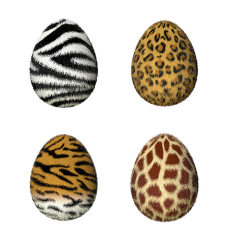 白色背景上毛茸茸的动物皮毛复活节彩蛋