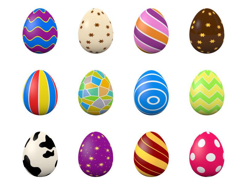 白色背景上整齐排列的12枚复活节彩蛋