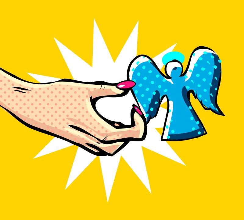 女人的手跟蓝色天使