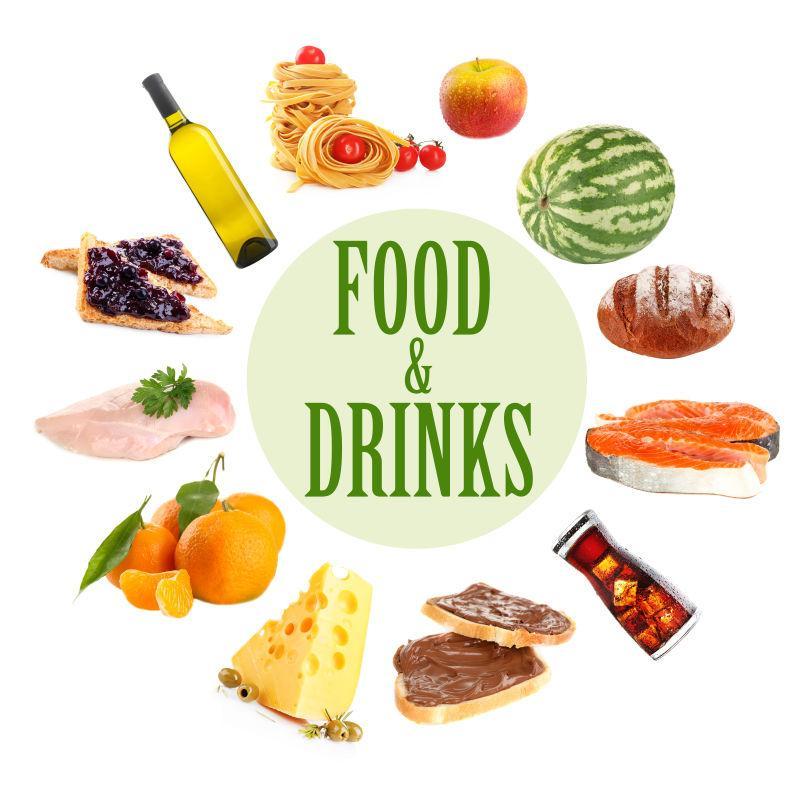 白色背景中的食物和饮料