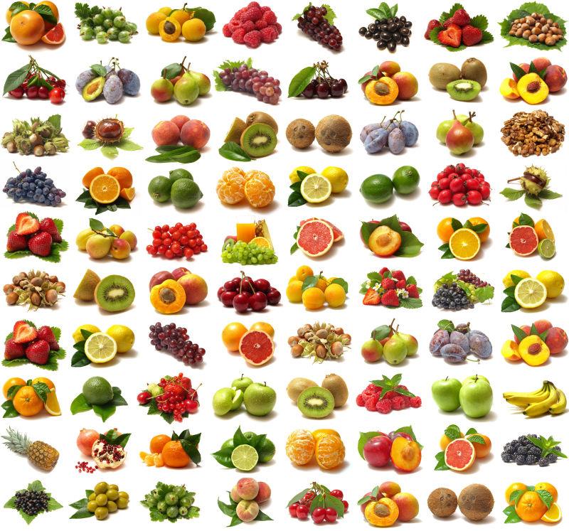 白色背景上的一堆新鲜水果