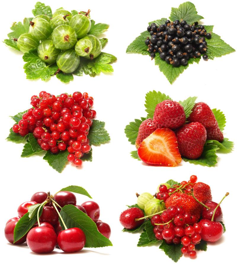 白色背景上香甜的各种浆果