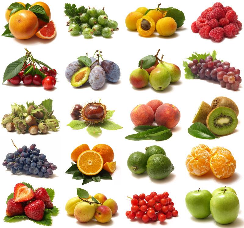 白色背景上各种美味的水果