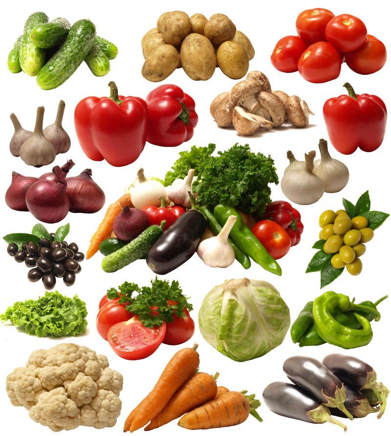 白色背景上的各种新鲜蔬菜