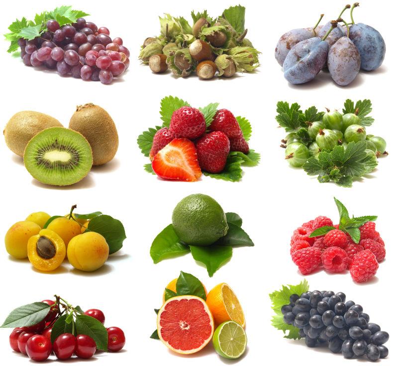 白色背景上的各种水果