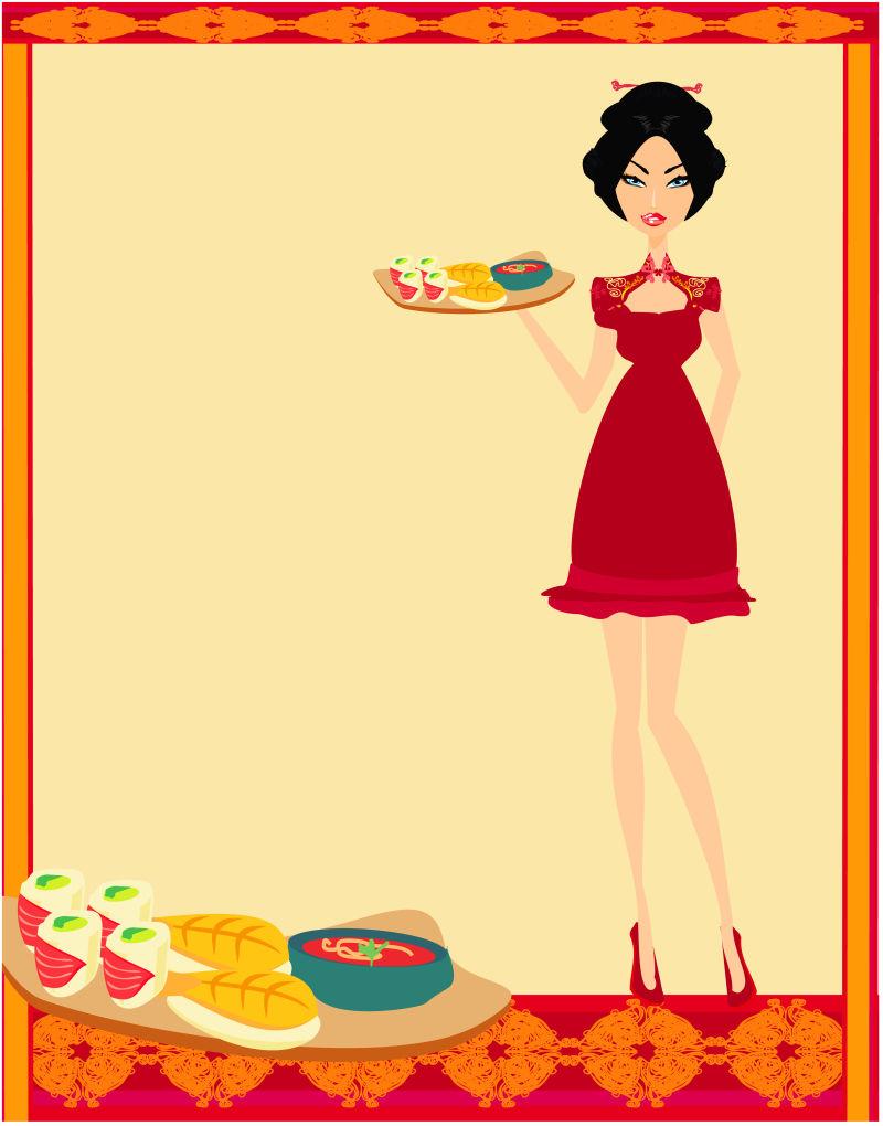 美女端着寿司展示