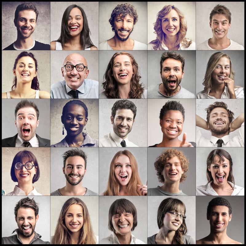 灰白色背景上微笑的人们面部表情拼贴