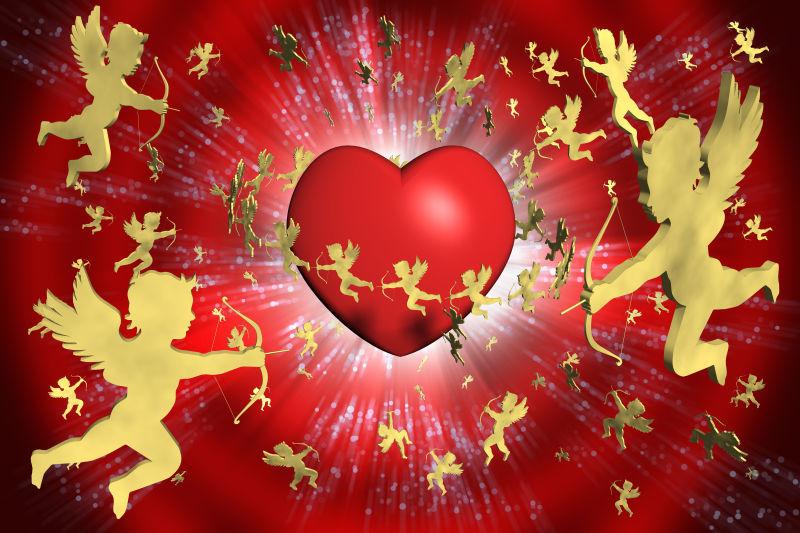 情人节红色心形和金色小天使