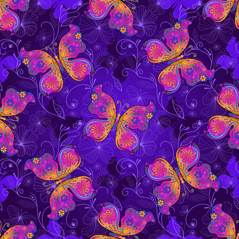 矢量神秘紫色蝴蝶抽象无缝背景