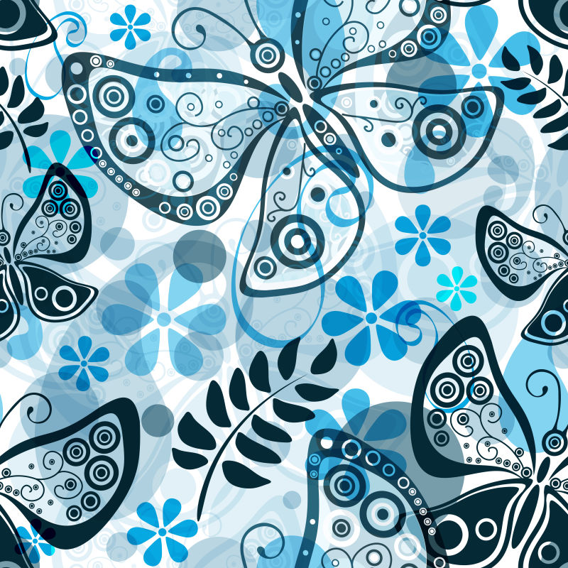 矢量蓝色花卉蝴蝶的抽象背景