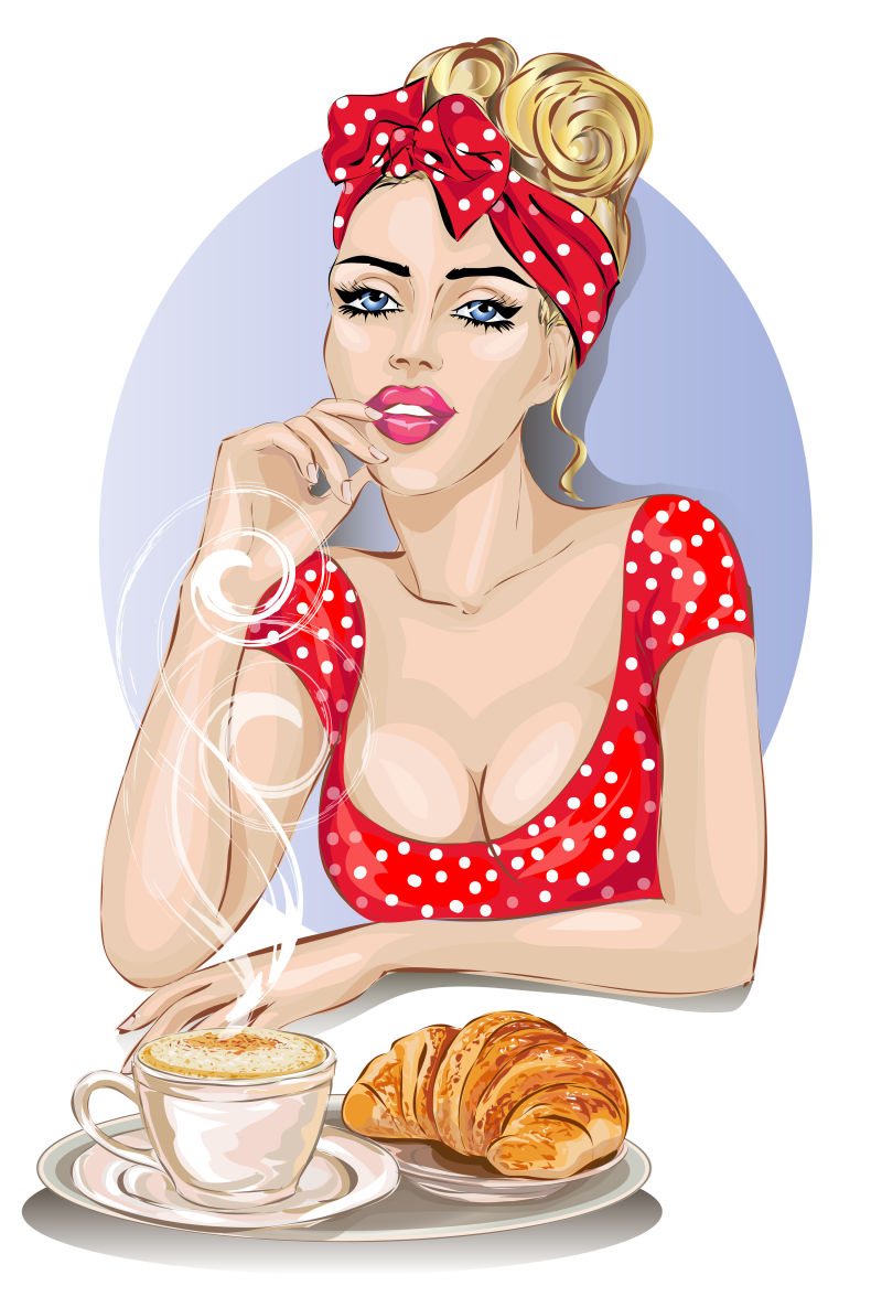 早餐桌旁边的金发美女矢量插图