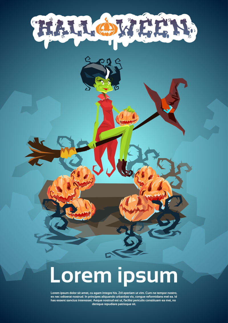 抽象矢量时尚女巫元素的万圣节派对邀请函设计