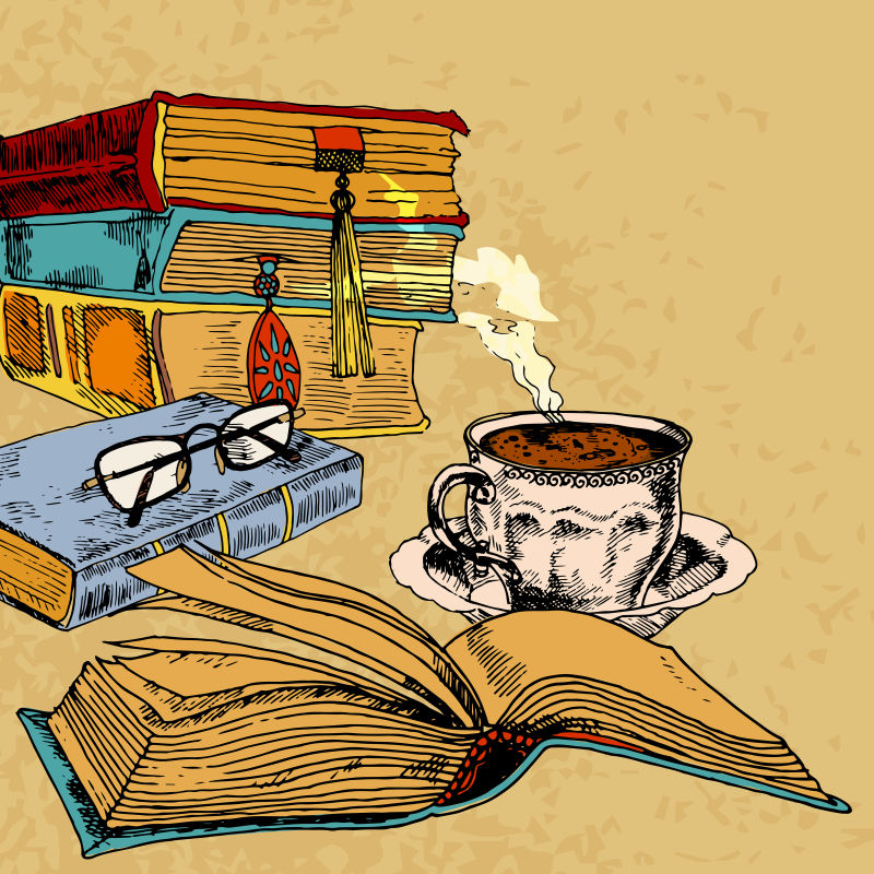 手绘的书籍和咖啡插图