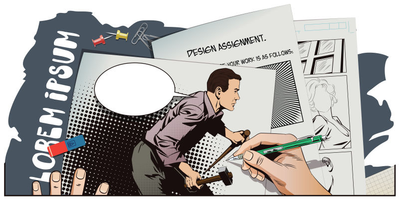 漫画创作场景的矢量插图